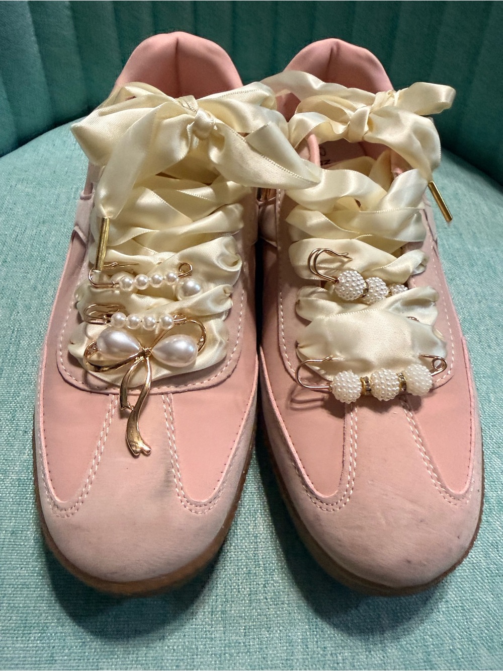 No Boundaries Pink Satin-Trim Pearl-Embellished Sneakers